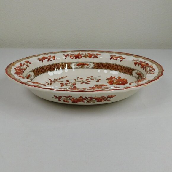 Spode Indian Tree 10 inch Oval Vegetable Bowl New Backstamp Orange Rust Scallop - Picture 2 of 12